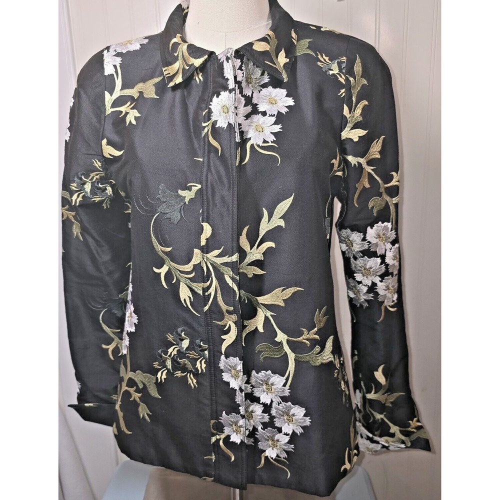 Y2K Nina Mclemore 100% Silk Floral Jacket Womens Sz 2 Emroidered Artsy Eclectic‎